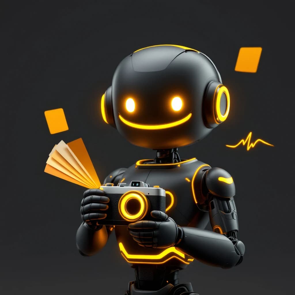 Aura, a charcoal and gold robot holding a camera beside floating gold color swatches