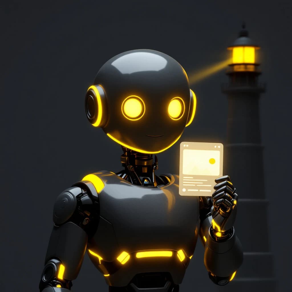 Beacon, a charcoal and gold robot holding up a glowing post card in front of a lighthouse