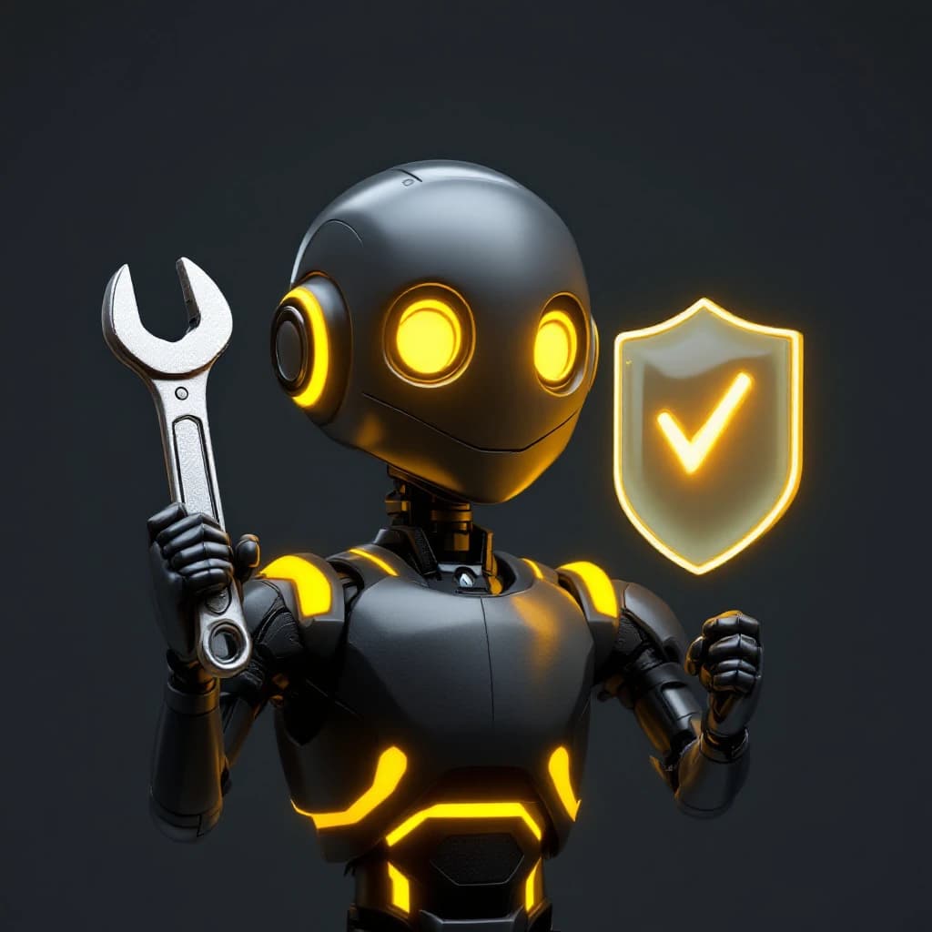 Chiron, a charcoal and gold robot holding a wrench beside a glowing shield with a check mark