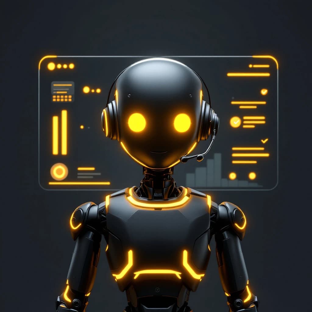 Helix, a charcoal and gold robot wearing a headset in front of a glowing project dashboard