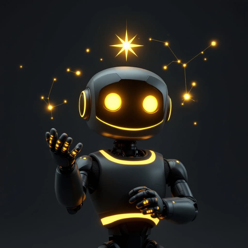 Nexus, a charcoal and gold robot raising a hand toward a bright north star and glowing constellations