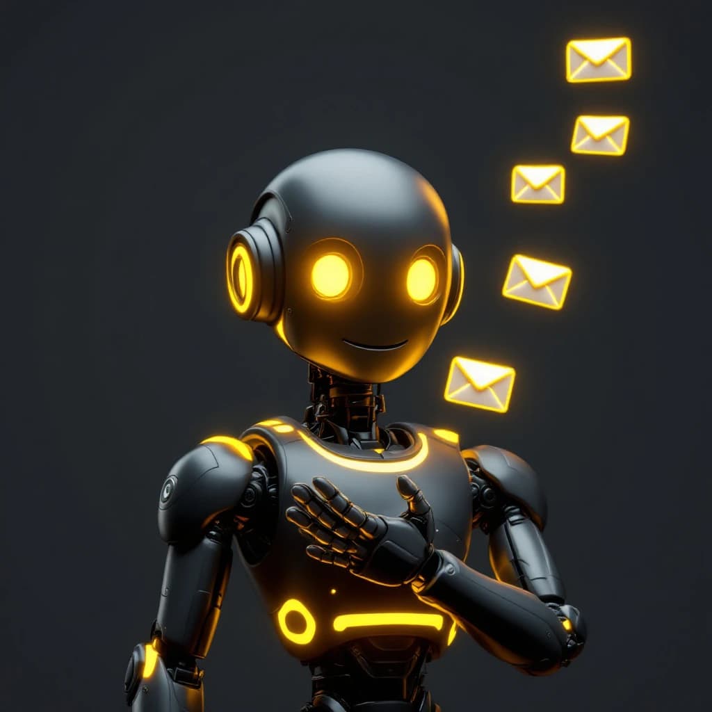 Vanguard, a charcoal and gold robot with a steady trail of glowing envelopes rising beside it